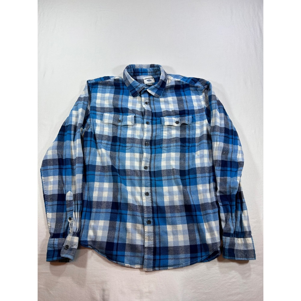 Old Navy Mens Blue Plaid Flannel Shirt Regular Fit Large Long Sleeve Button Down
